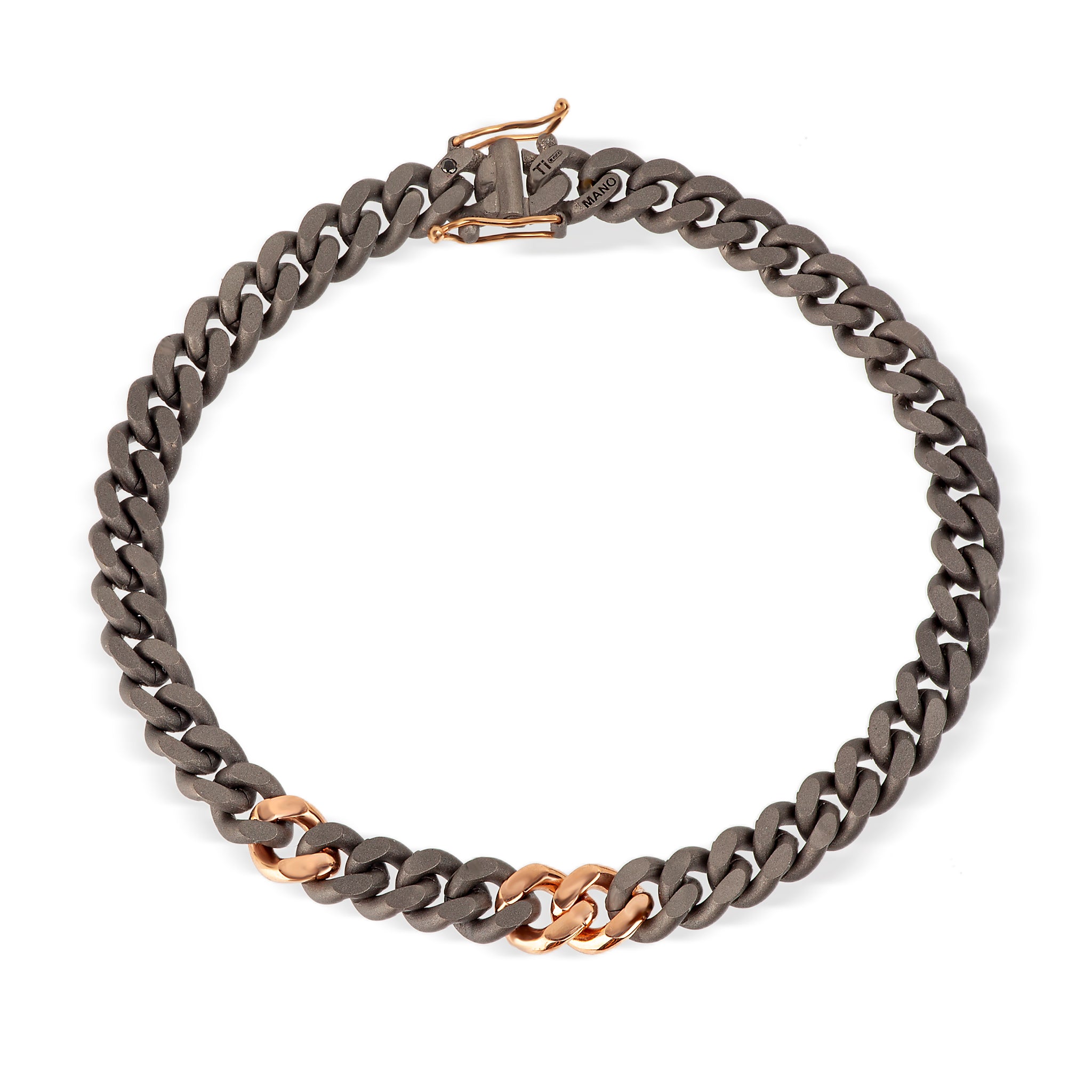 BRACCIALE UOMO IN TITANIO CON TRE MAGLIE IN ORO ROSSO 9 KT INCASSATE CON DIAMANTI BLACK