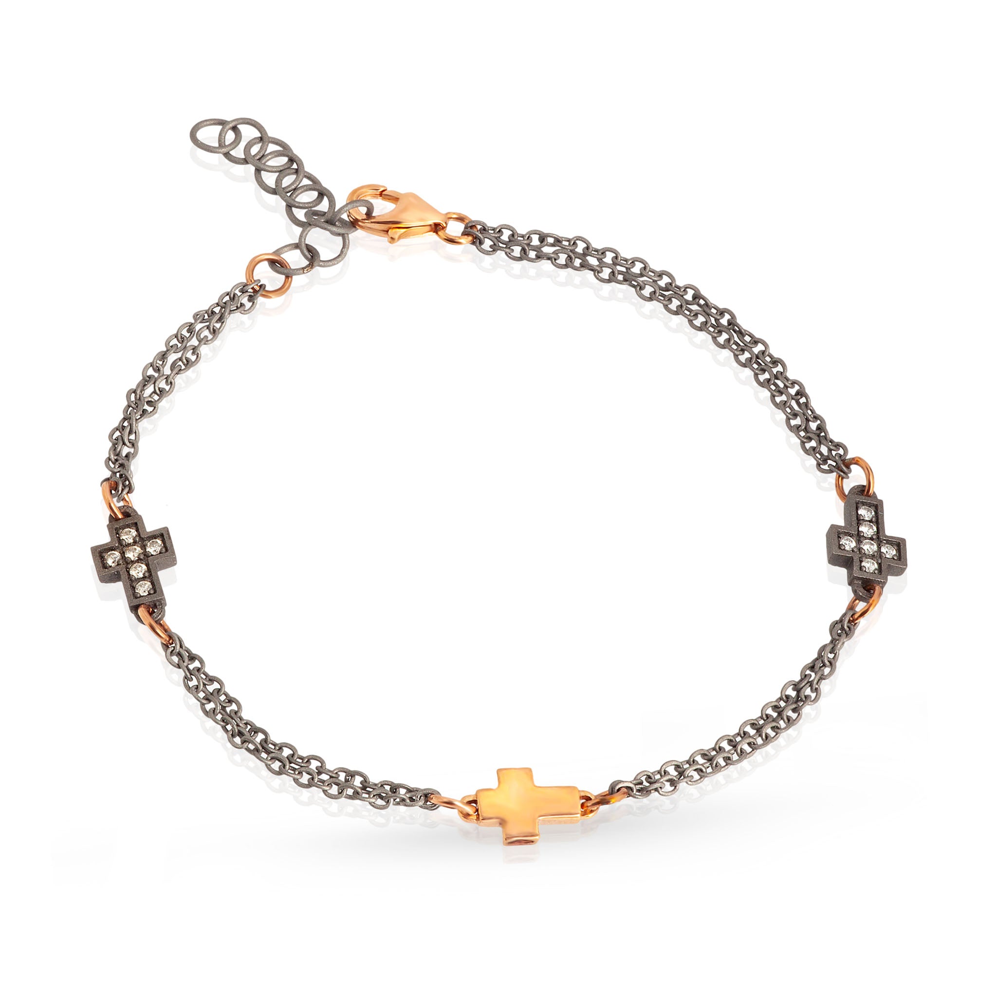 BRACCIALE UOMO CON CROCI IN TITANIO E ORO ROSSO 18 KT E 9 KT, 12 DIAMANTI WHITE.