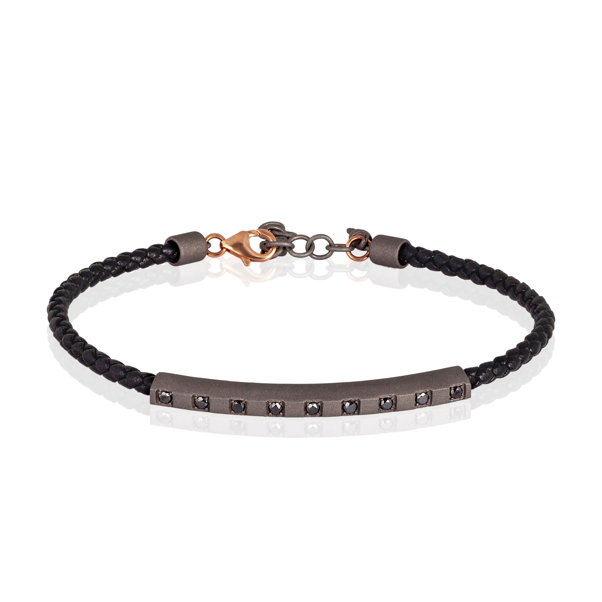 BRACCIALE UOMO IN TITANIO CON CORDINO IN PELLE NERO E DIAMANTI BLACK, CHIUSURA IN ORO 9 KT