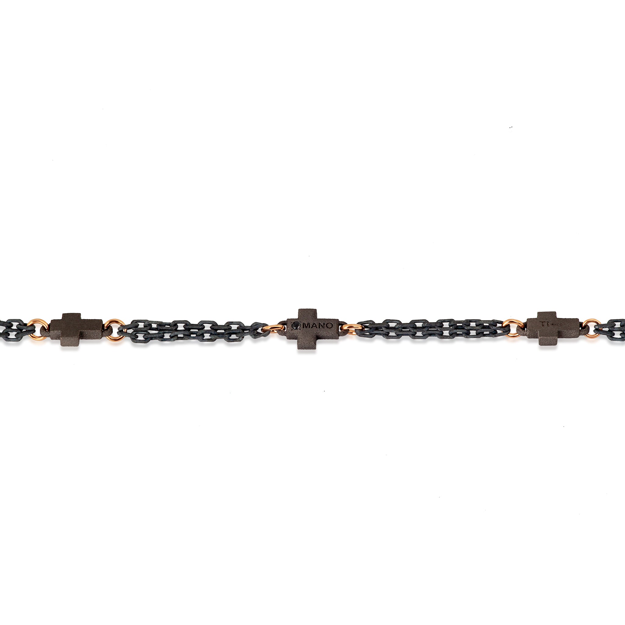 BRACCIALE MINIMAL 3 CROCI IN TITANIO, DIAMANTI BLACK ,ORO ROSSO 18 KT, ORO ROSSO 9 KT E CATENA